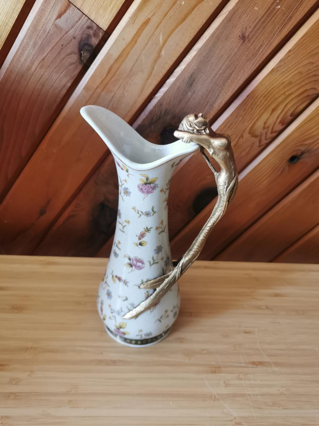 Art Nouveau Porcelain Wine Carafe: Bronze Mermaid Handle