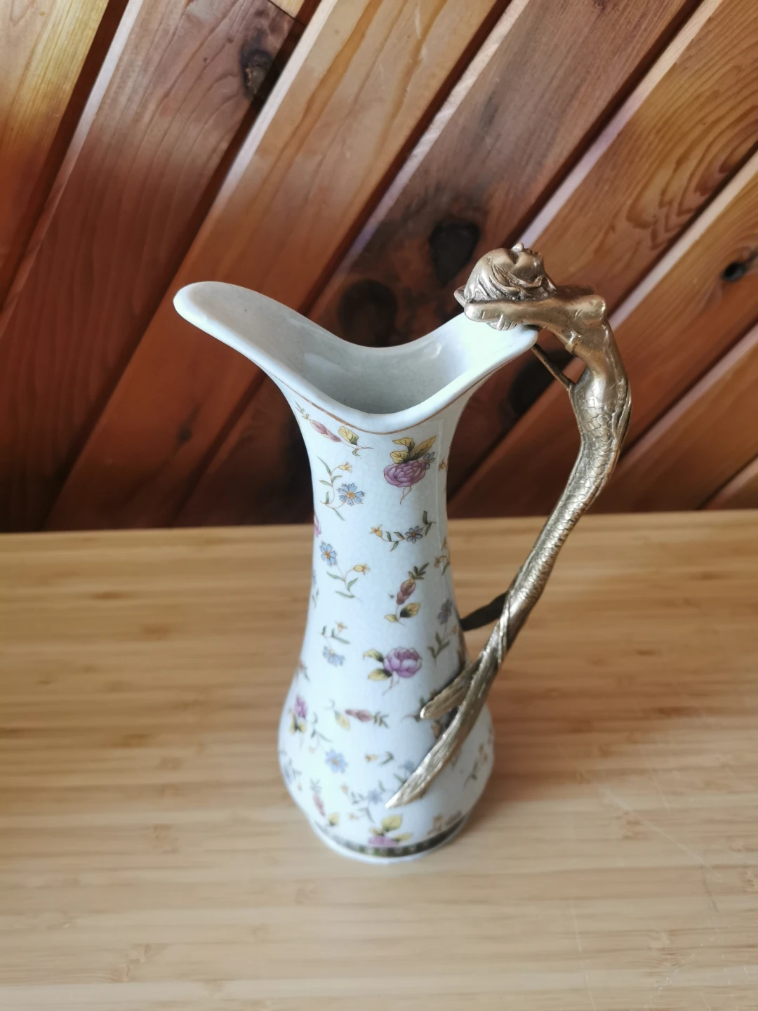 Art Nouveau Porcelain Wine Carafe: Bronze Mermaid Handle - photo 2