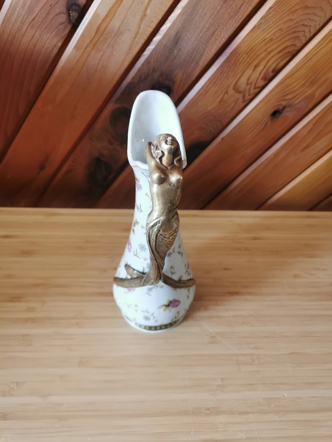 Art Nouveau Porcelain Wine Carafe: Bronze Mermaid Handle - photo 3