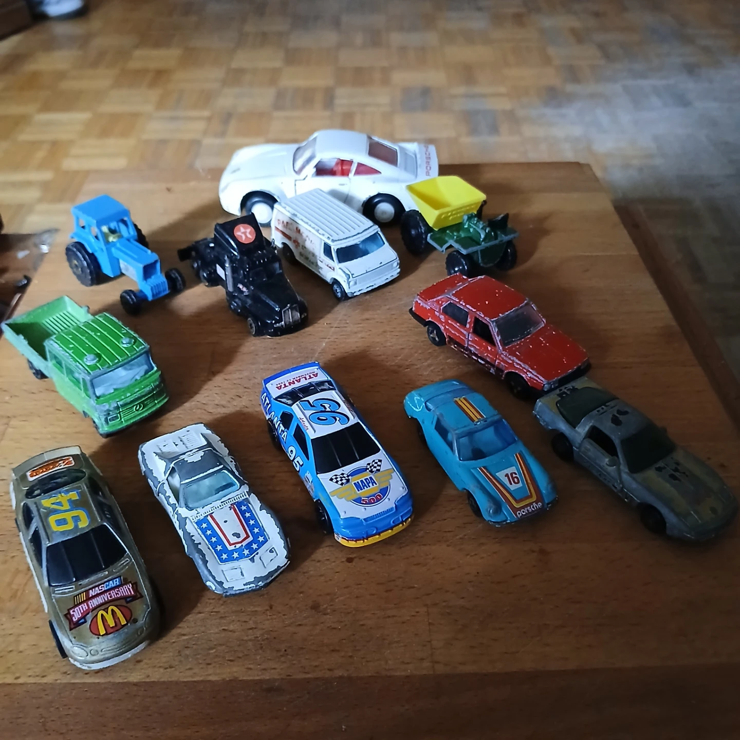 Collection of Die-Cast Toy Cars and Tractor