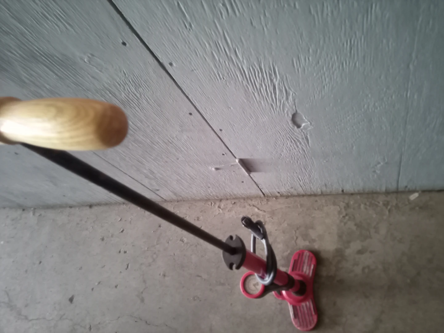 Red Handheld Tire Inflator with Wooden Handle
