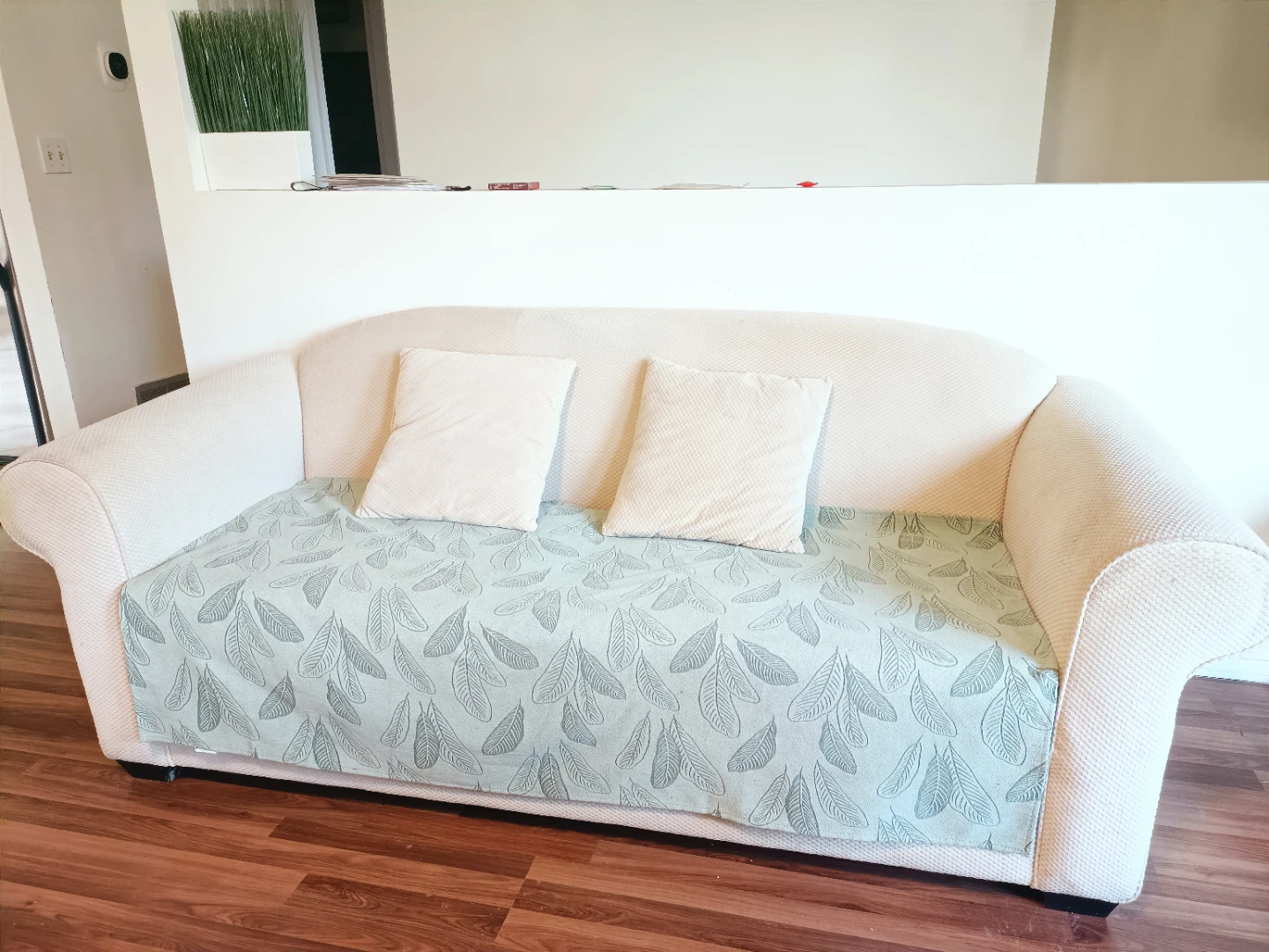 Cream Sofa with Leaf Pattern Throw