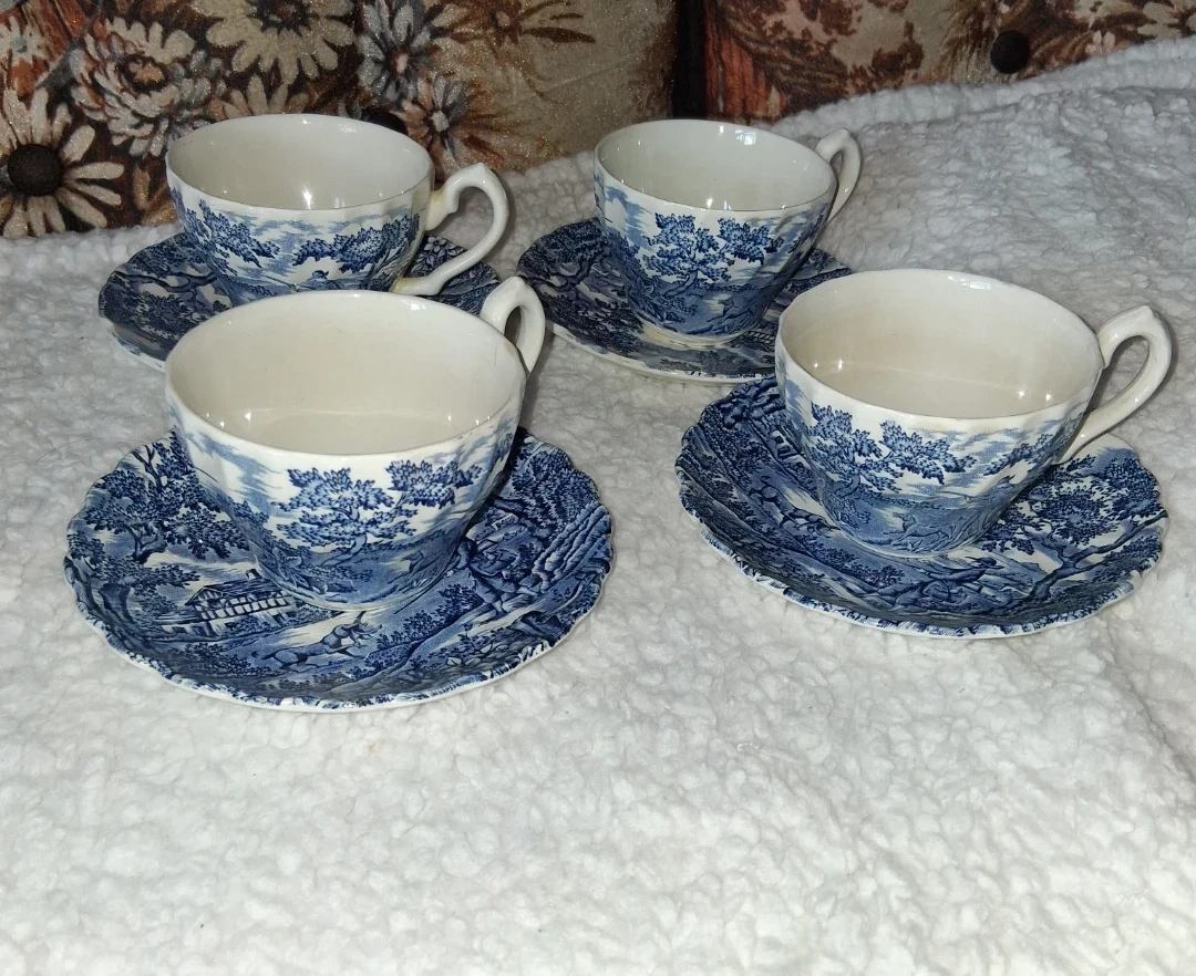 Blue and White Teacup and Saucer Set