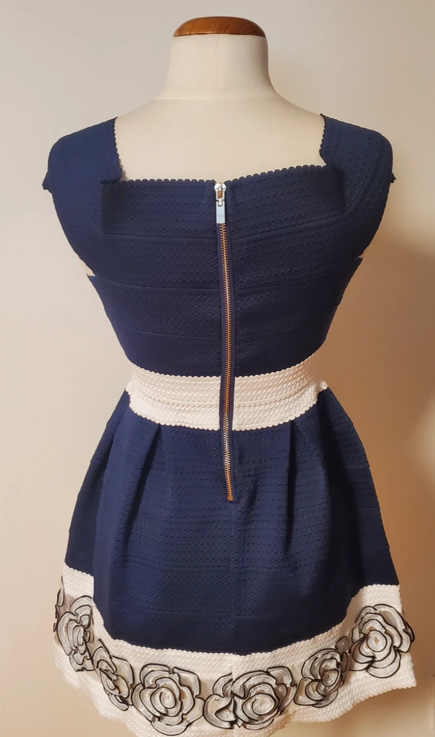 Women's Blue & White Rose Trim Fit and Flare Dress - photo 3