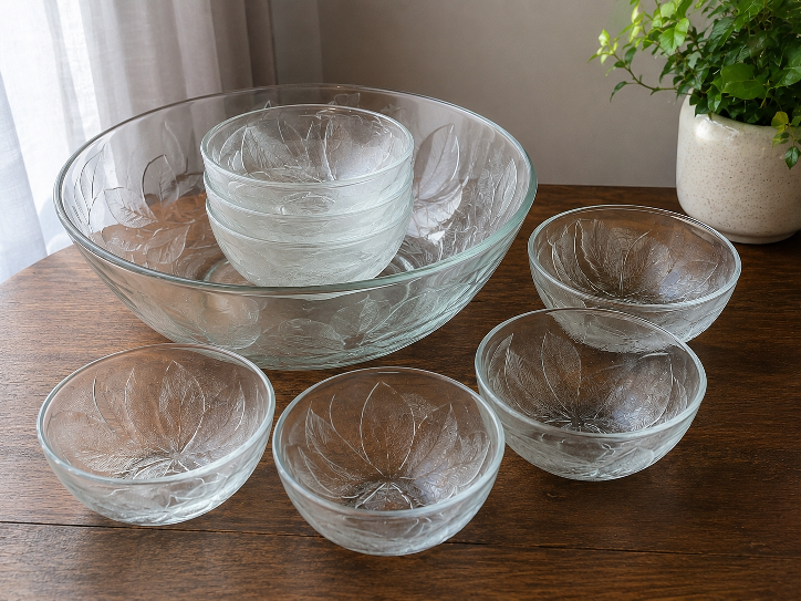 Glass Punch Bowl and Snack Bowls Set with Leaf Design