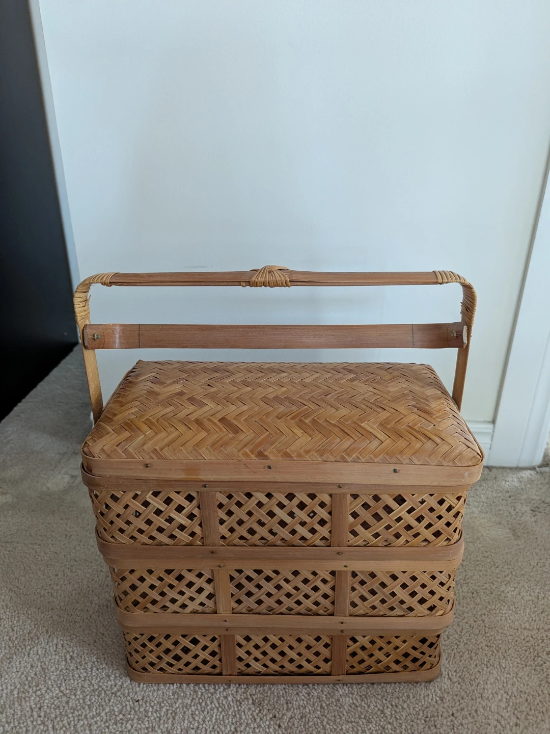 Vintage 3-Tier Woven Bamboo Picnic Basket