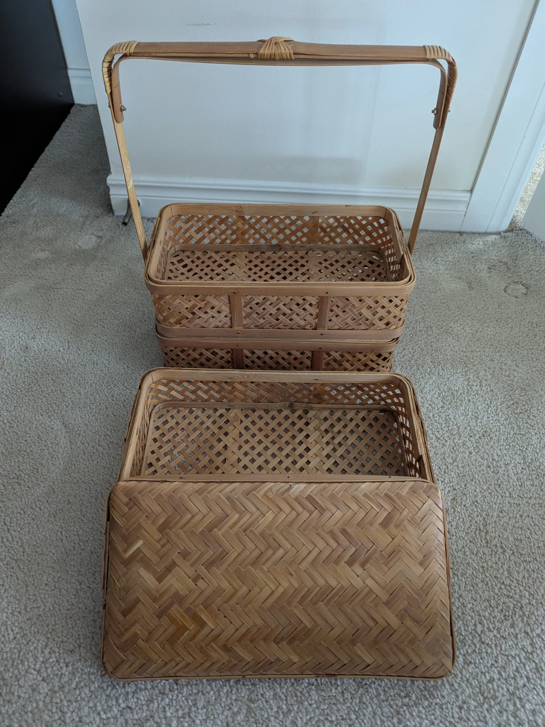 Vintage 3-Tier Woven Bamboo Picnic Basket - photo 2