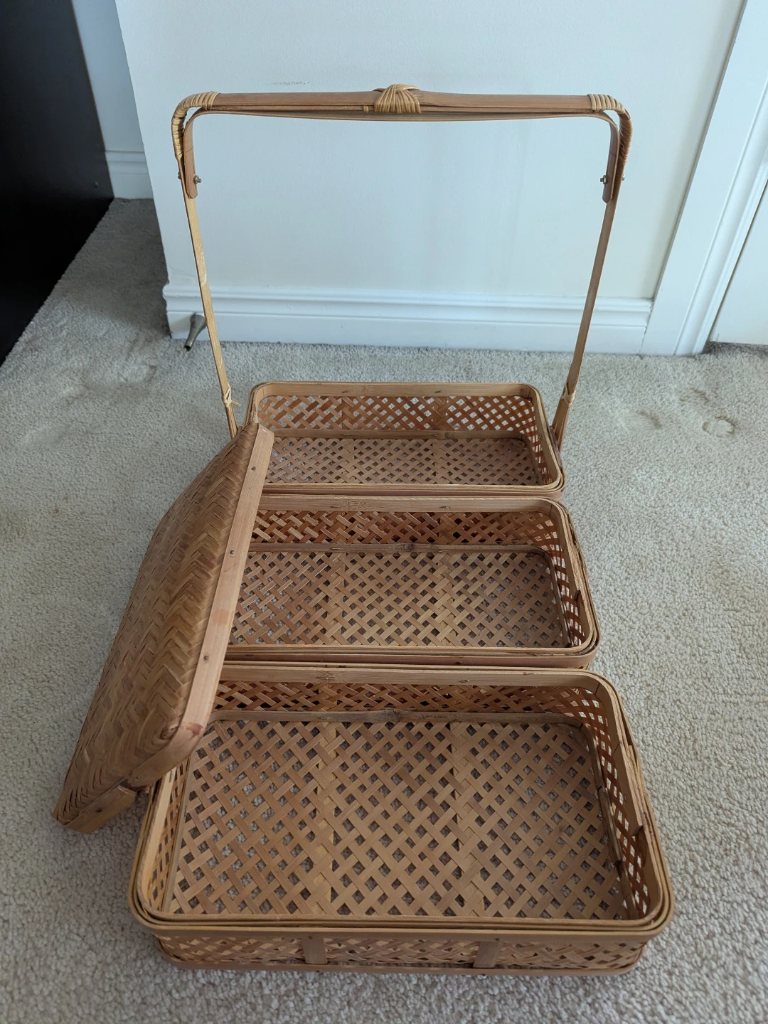 Vintage 3-Tier Woven Bamboo Picnic Basket - photo 3