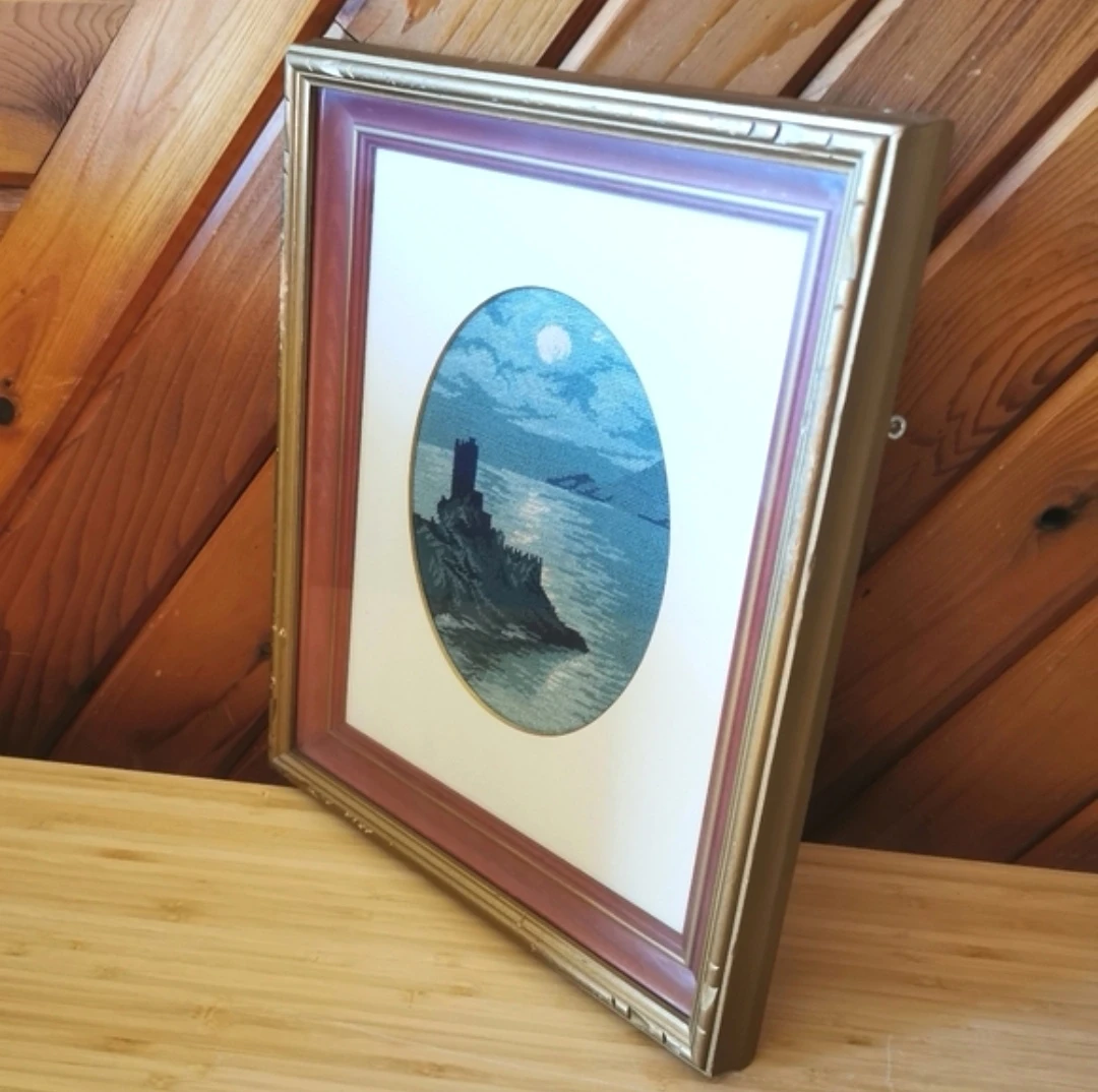 Vintage Framed Needlepoint Coastal Castle Seascape Wall Art - photo 2