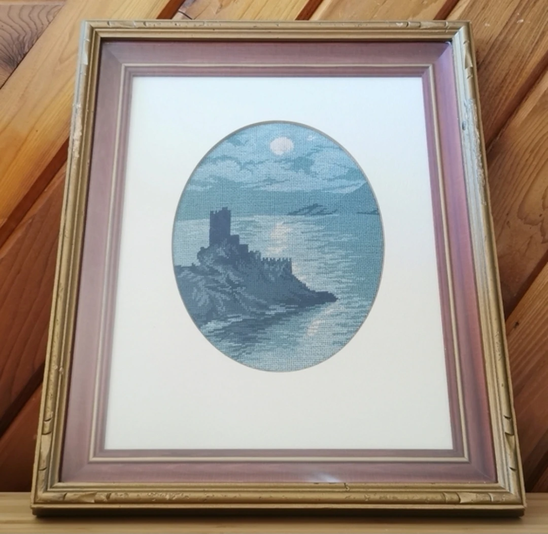 Vintage Framed Needlepoint Coastal Castle Seascape Wall Art - photo 4