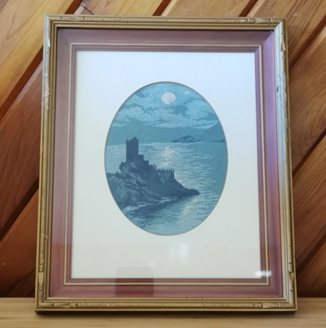 Vintage Framed Needlepoint Coastal Castle Seascape Wall Art - photo 5