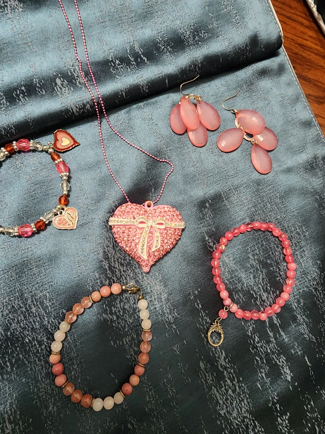 Pink Heart Necklace and Beaded Bracelets Set