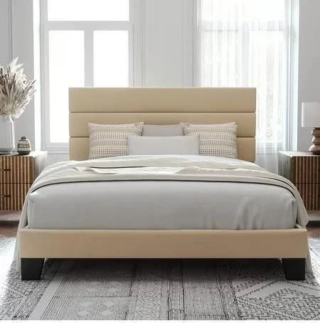 Beige Upholstered Queen Bed Frame