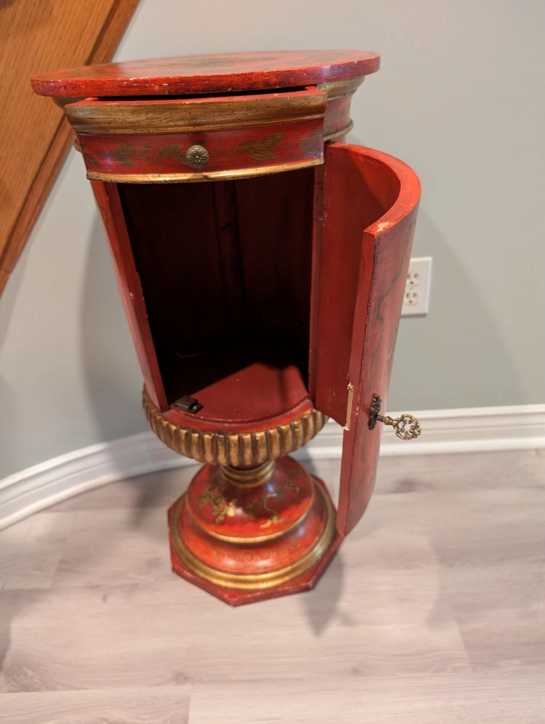 Red Decorative Pedestal Table with Drawer and Cabinet - photo 2