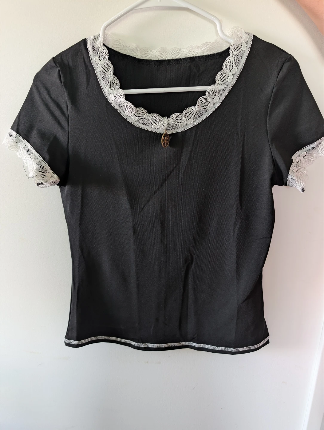 Black Lace Trimmed Short Sleeve Top