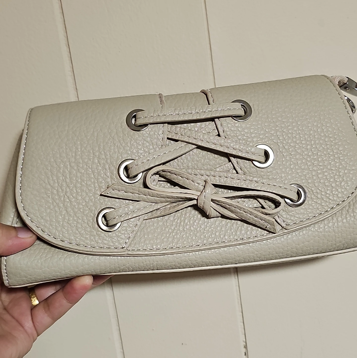 Cream Lace-Up Clutch Wallet