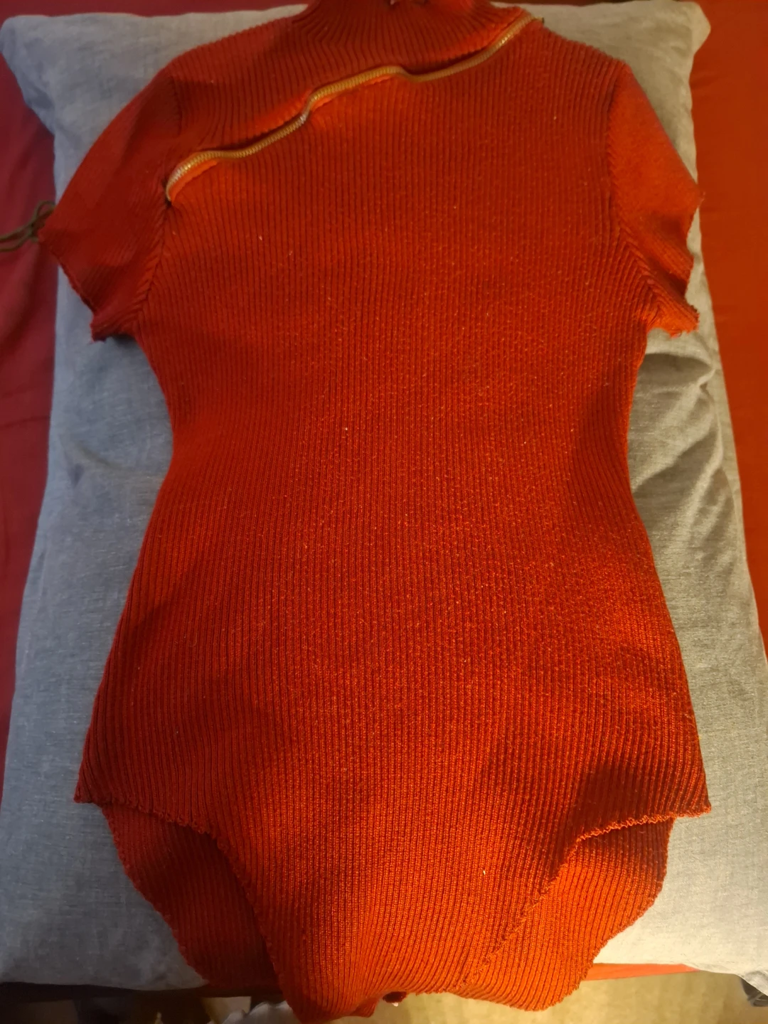 Red Ribbed Knit Top with Zipper