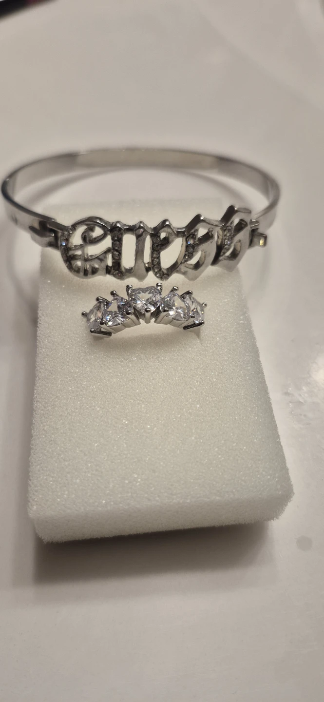 Silver Tone Bangle with  Guess. Script and CZ Ring Set