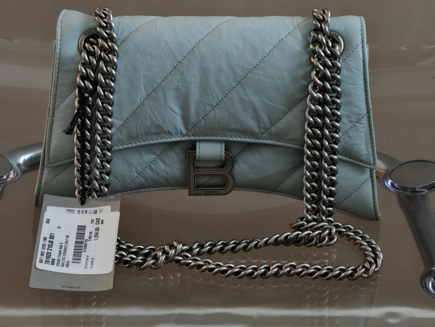 Balenciaga Crush Chain Bag S Aqua Quilted Crushed Calfskin