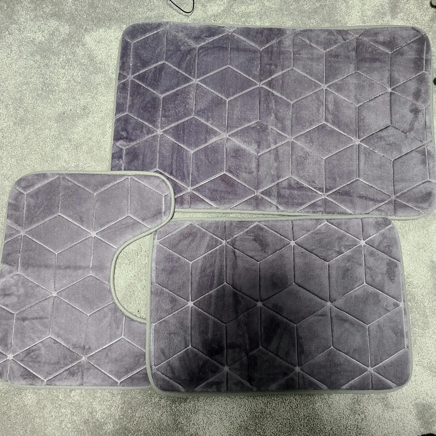 3-Piece Bathroom Mat Set - Grey Geometric Pattern