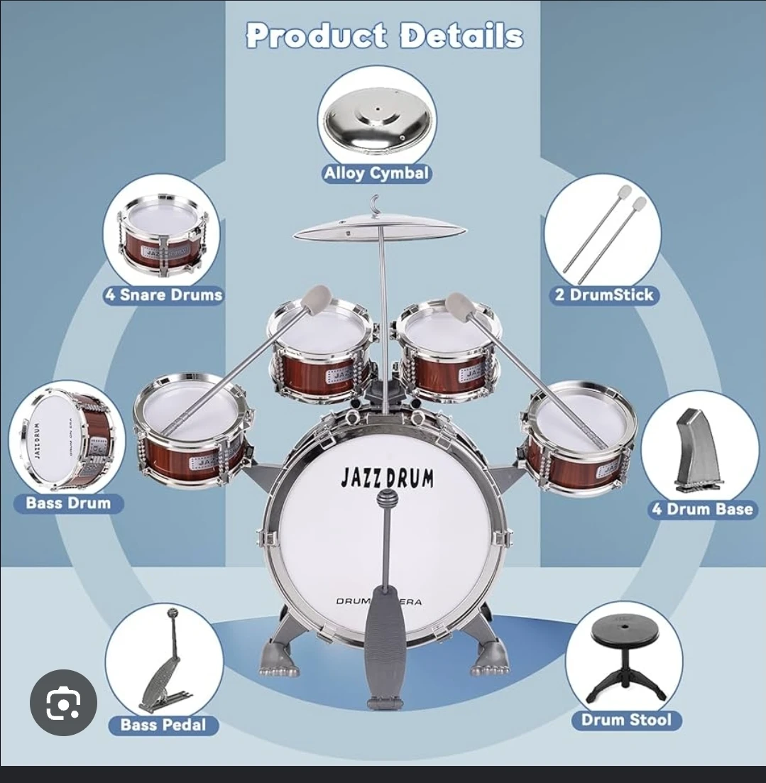 Jazz Drum Set with Stool and Sticks