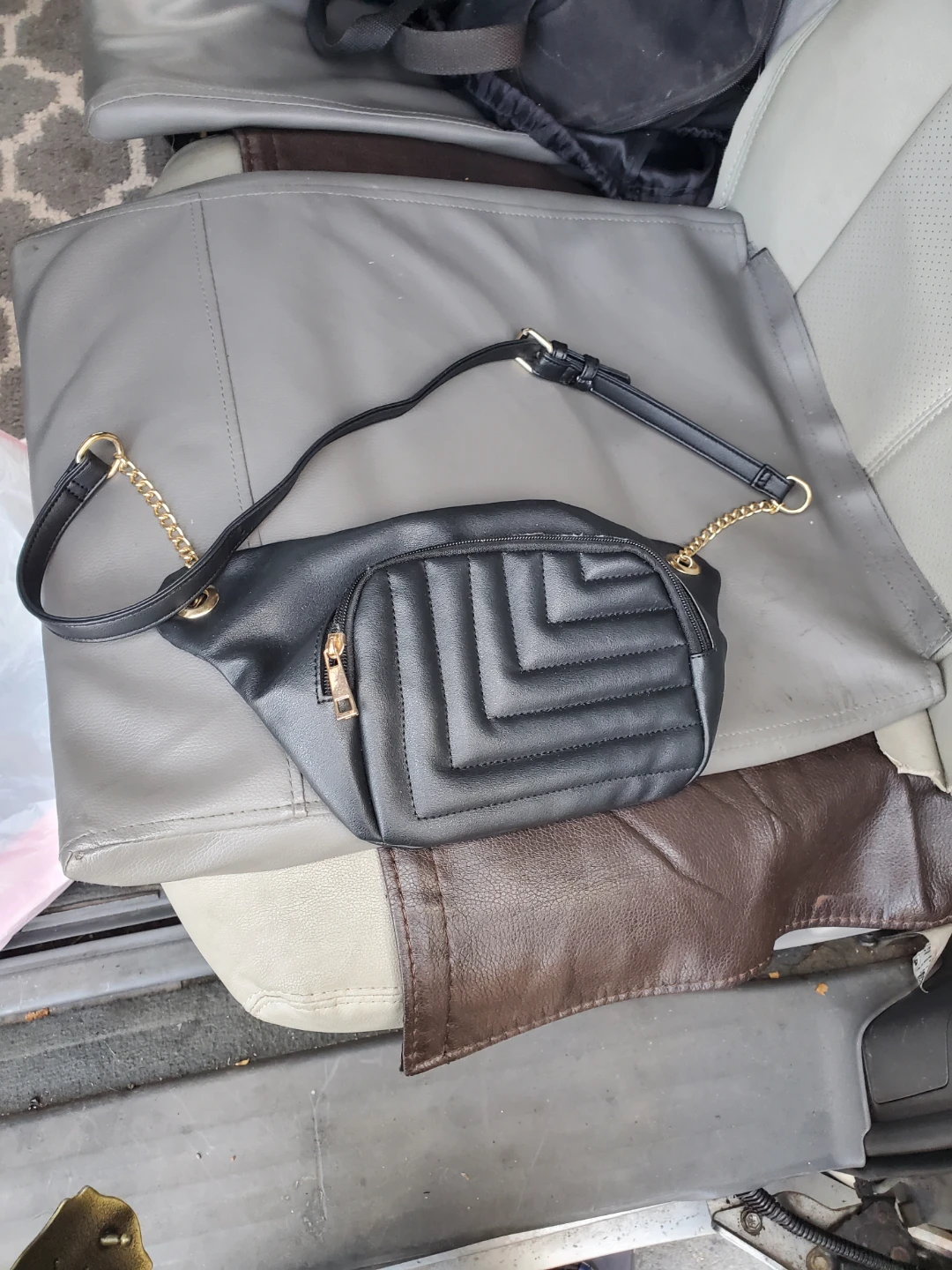 Black Faux Leather Fanny Pack with Gold Chain Strap