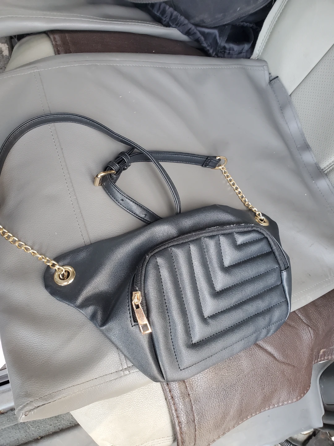 Black Faux Leather Fanny Pack with Gold Chain Strap - photo 2