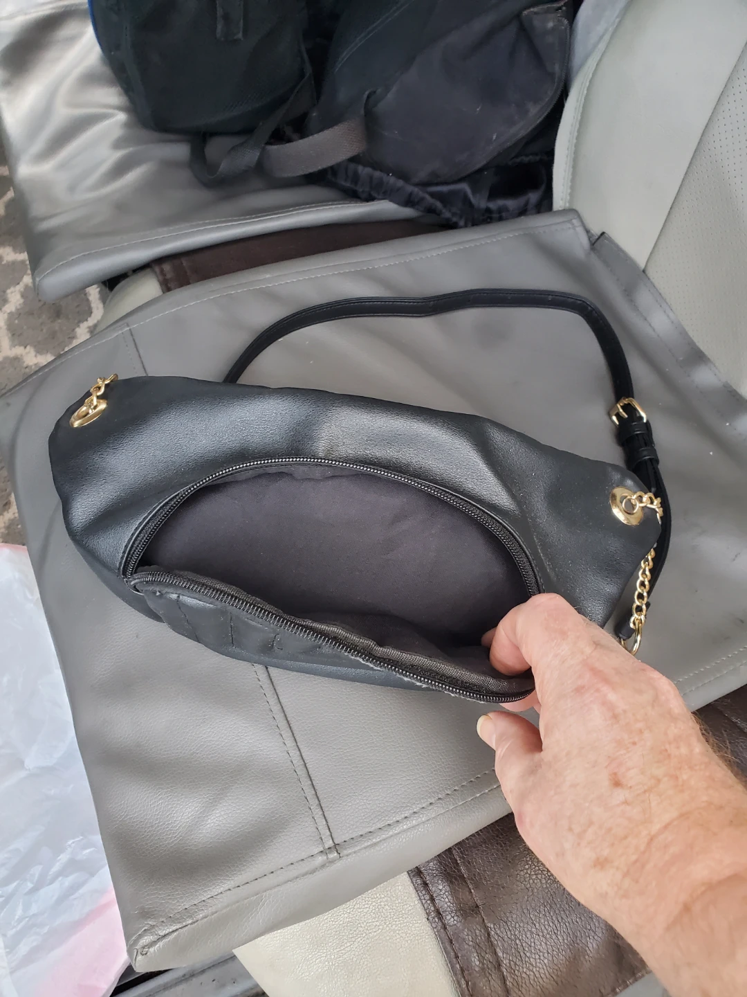 Black Faux Leather Fanny Pack with Gold Chain Strap - photo 4