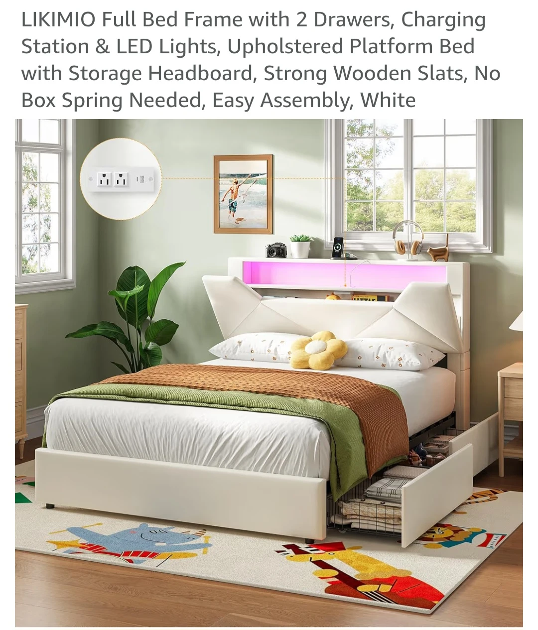 LIKIMIO Full Bed Frame with 2 Drawers & LED Lights - White