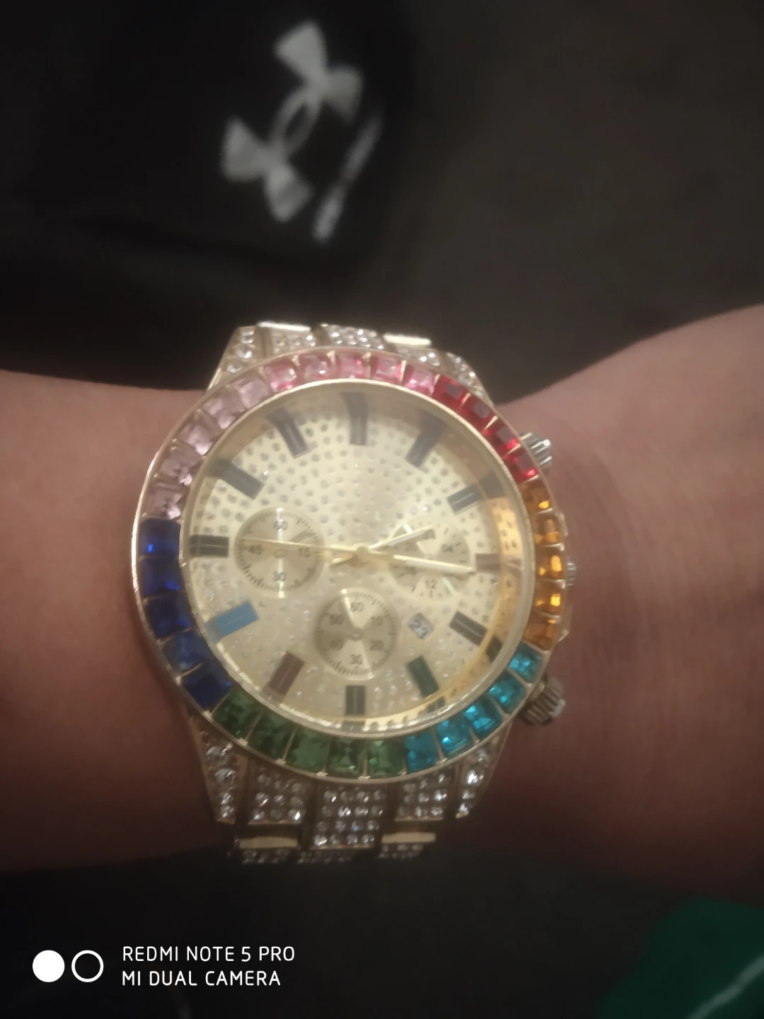 Gold Watch with Rainbow Bezel and Crystal Accents