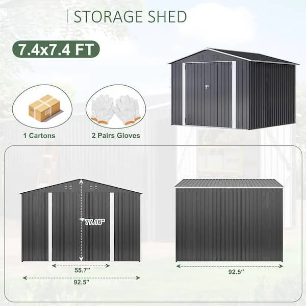 BRAND NEW- 7.4 x 7.4 ft Metal Storage Shed+Lockable Doors - photo 3