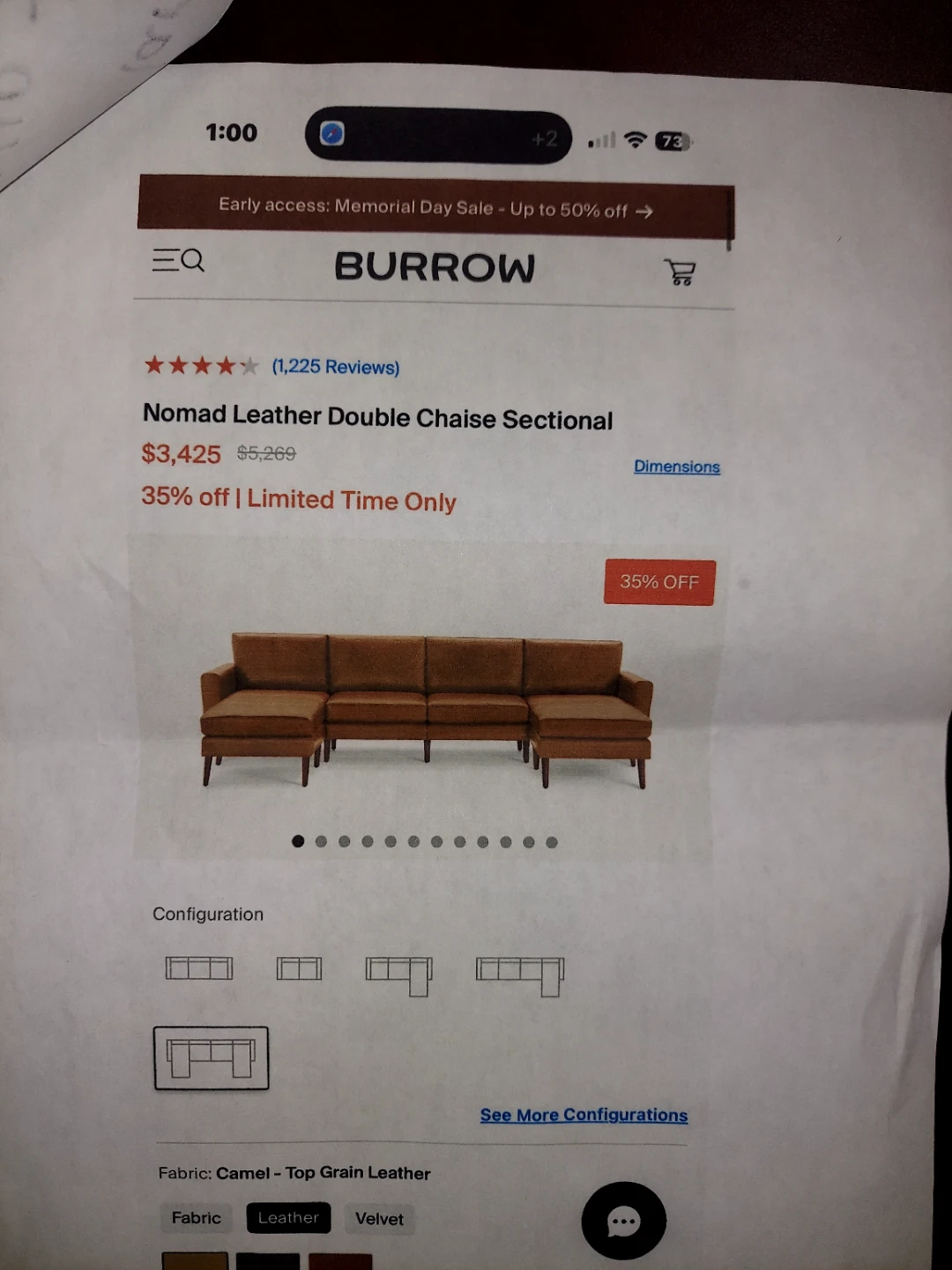 Burrow Nomad Leather Double Chaise Sectional - photo 2