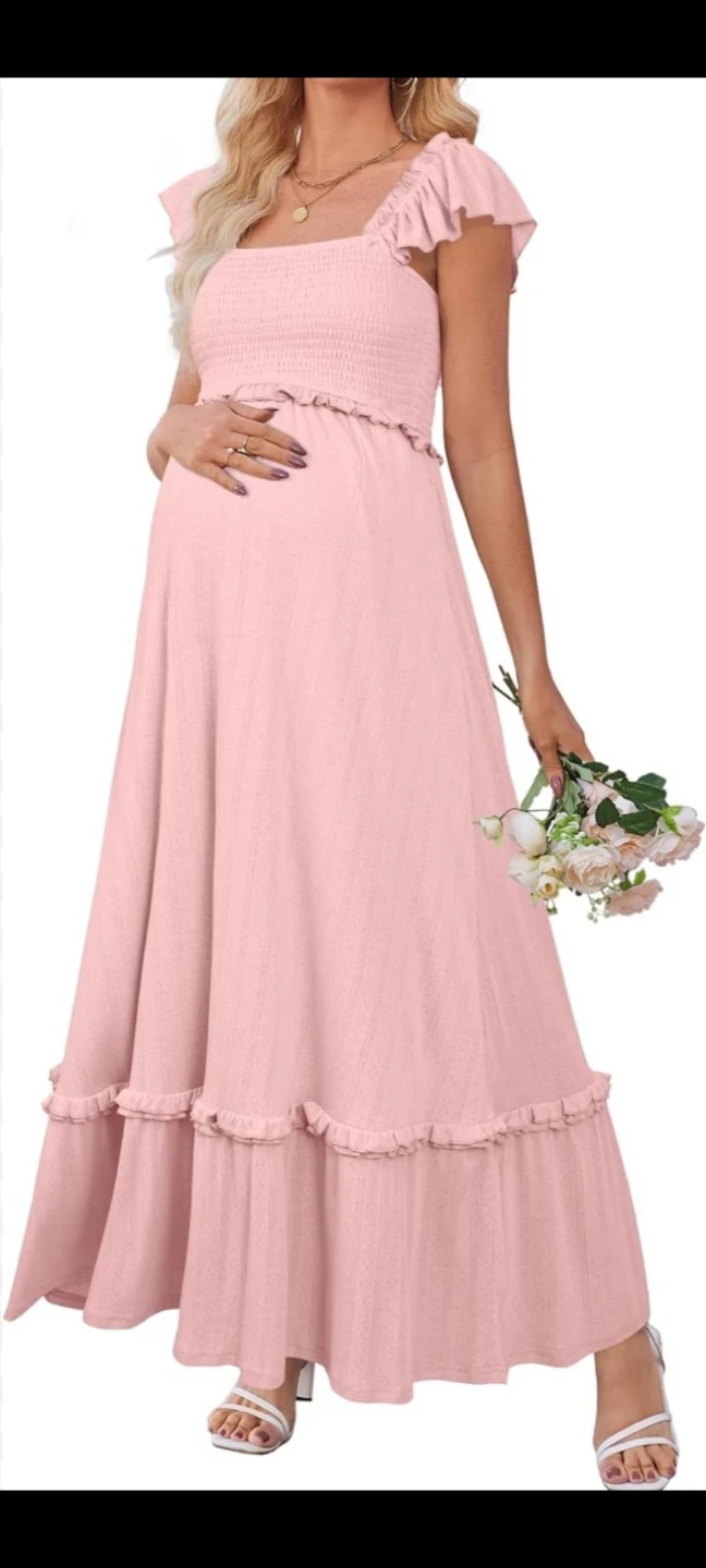 Pink Maternity Maxi Dress with Smocked Bodice