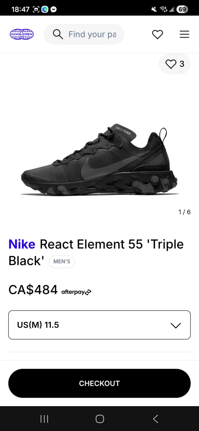 Nike React Element 55 'Triple Black' Men's US 12