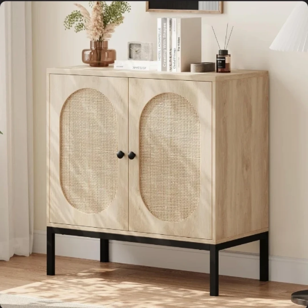 Light Wood Cabinet with Rattan Doors