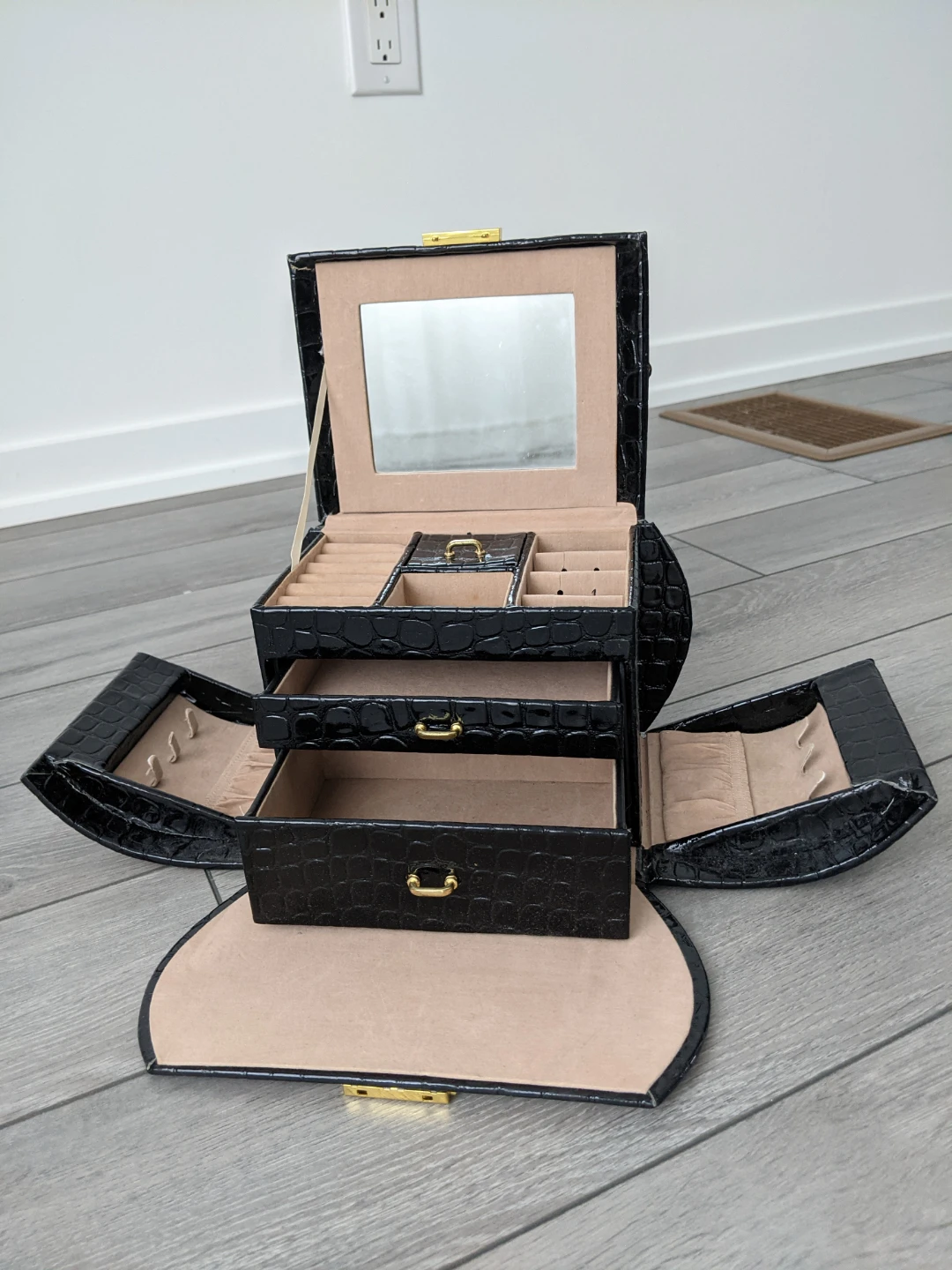 Black Faux Croc Jewelry Box with Mirror and Drawers - photo 2