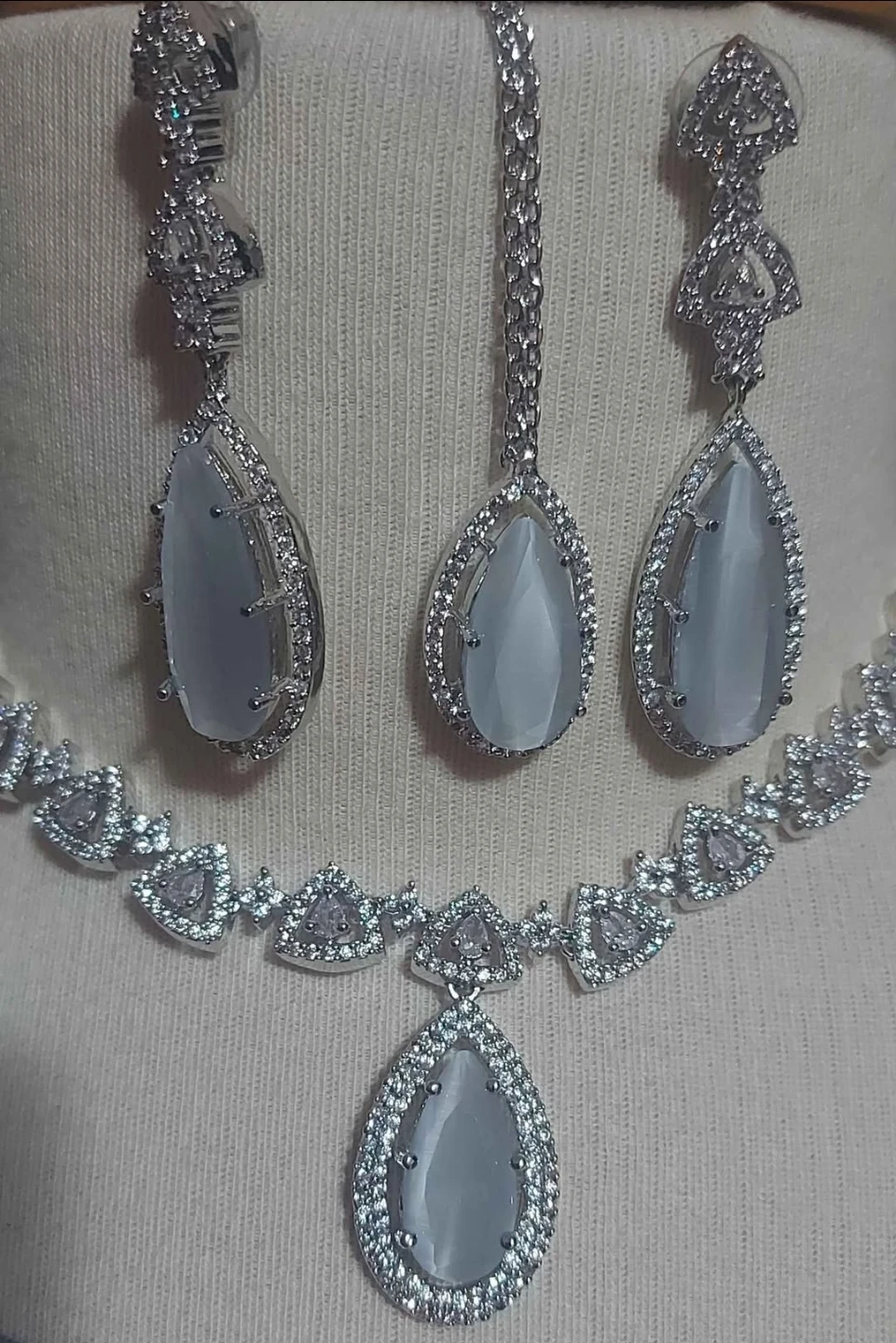 Rhinestone Necklace and Earring Set with Grey Drop Stones