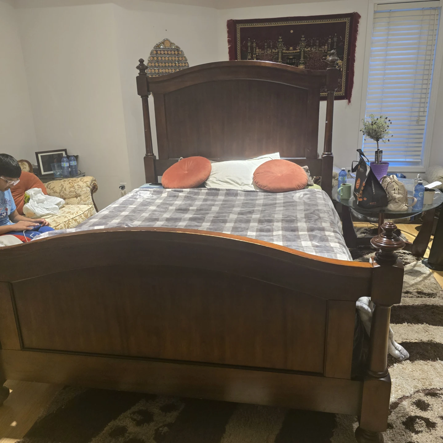 Wooden Canopy Bed Frame with side table