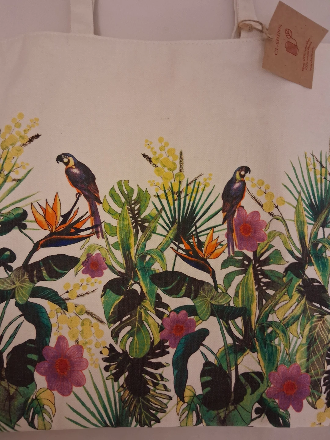CLARINS CREAM TOTE BAG WITH TROPICAL PARROT PRINT - photo 4