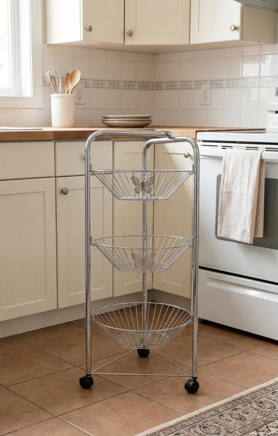3-Tier Metal Wire Fruit Basket with Wheels