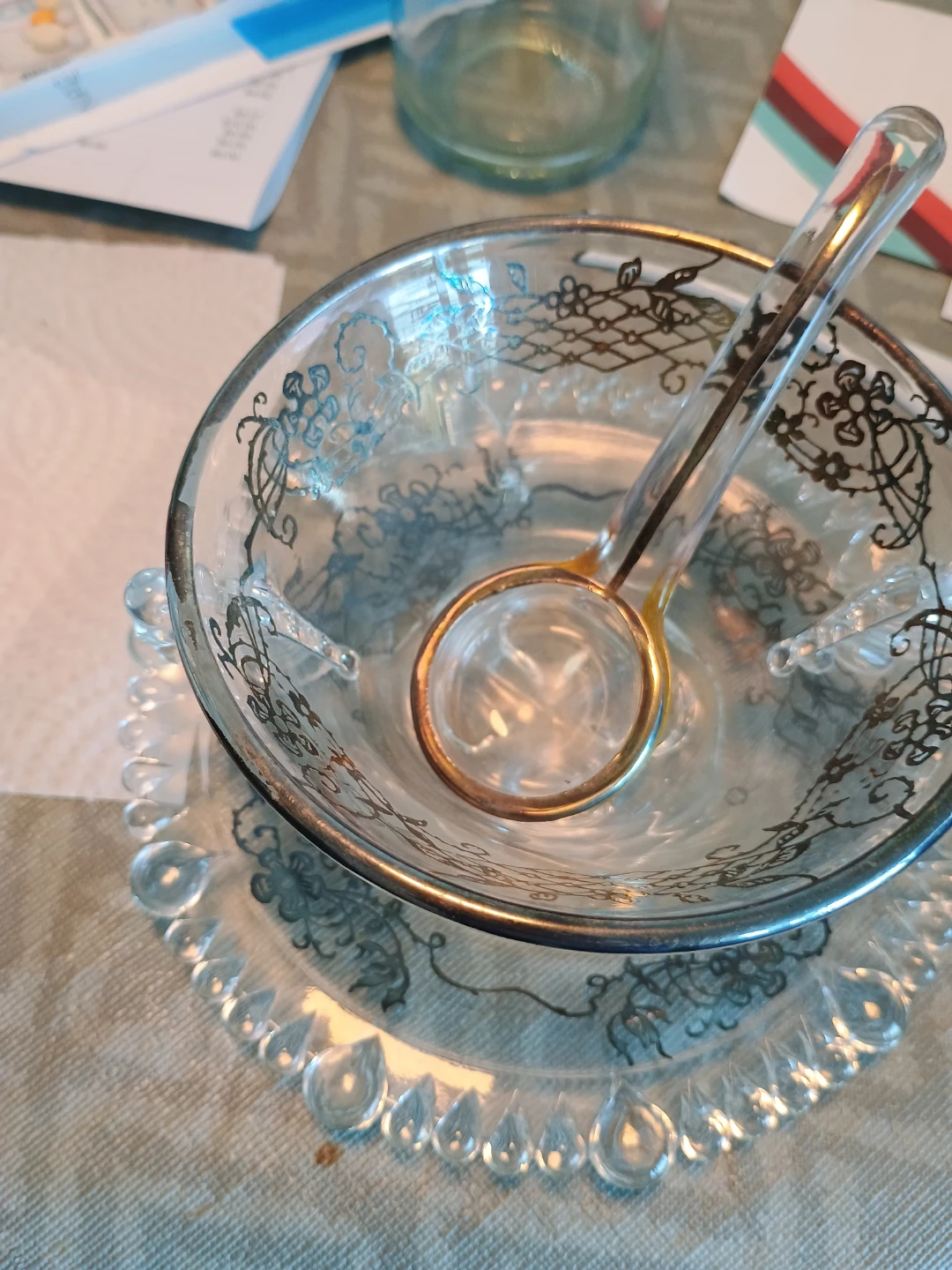 Glass Punch Bowl with Ladle and Saucers