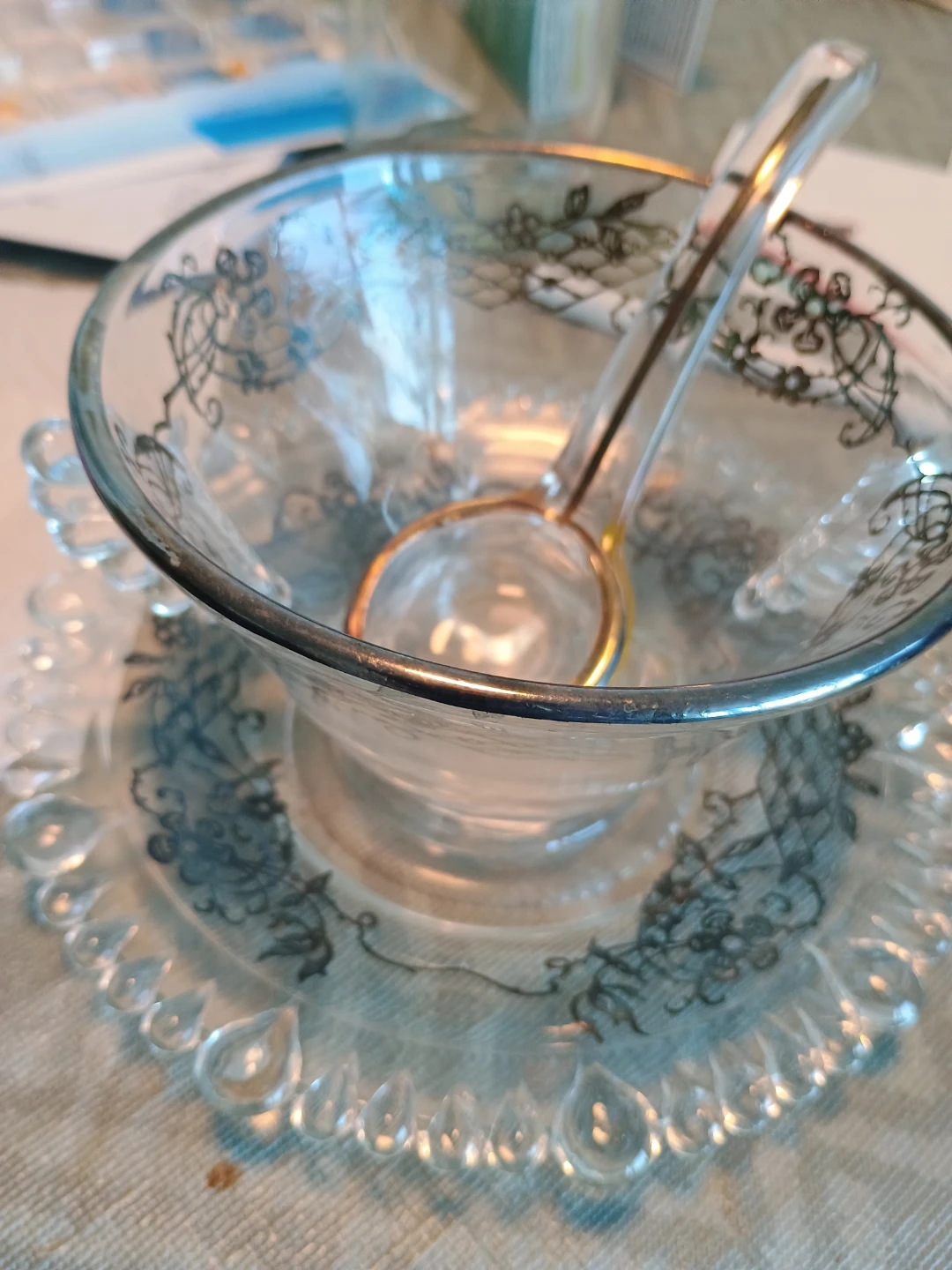 Glass Punch Bowl with Ladle and Saucers - photo 2