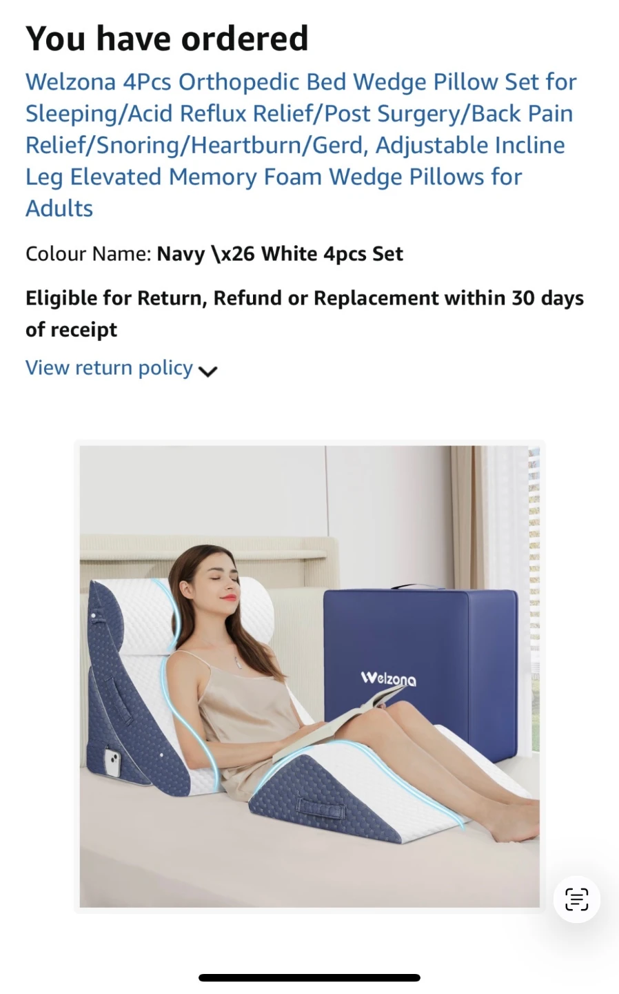 Welzona 4Pcs Orthopedic Bed Wedge Pillow Set - Navy/White