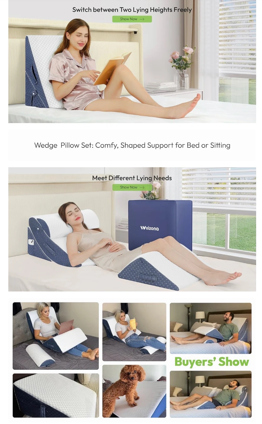 Welzona 4Pcs Orthopedic Bed Wedge Pillow Set - Navy/White - photo 2
