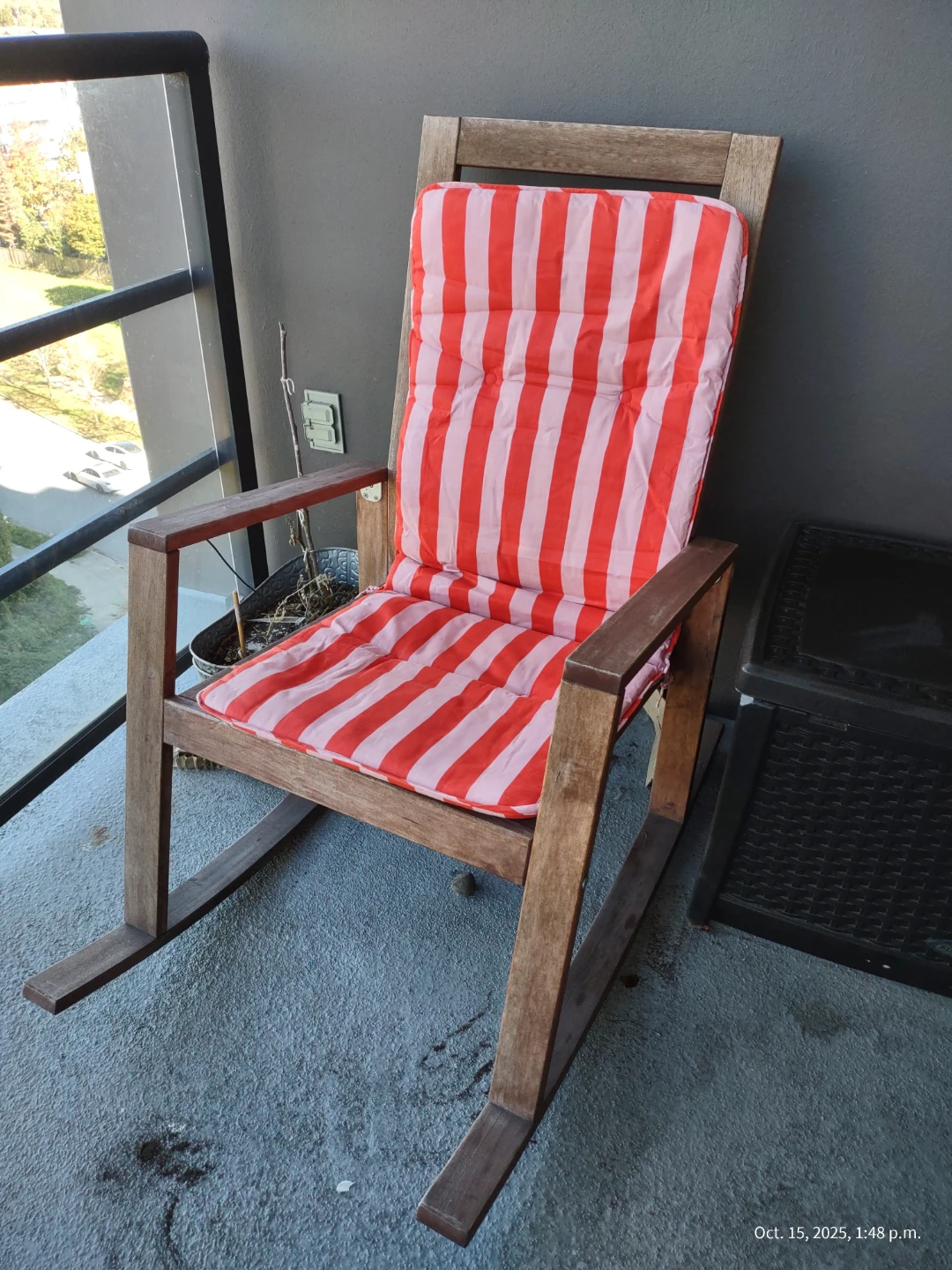 IKEA Wooden Rocking Chair with Red and White Striped Cushion