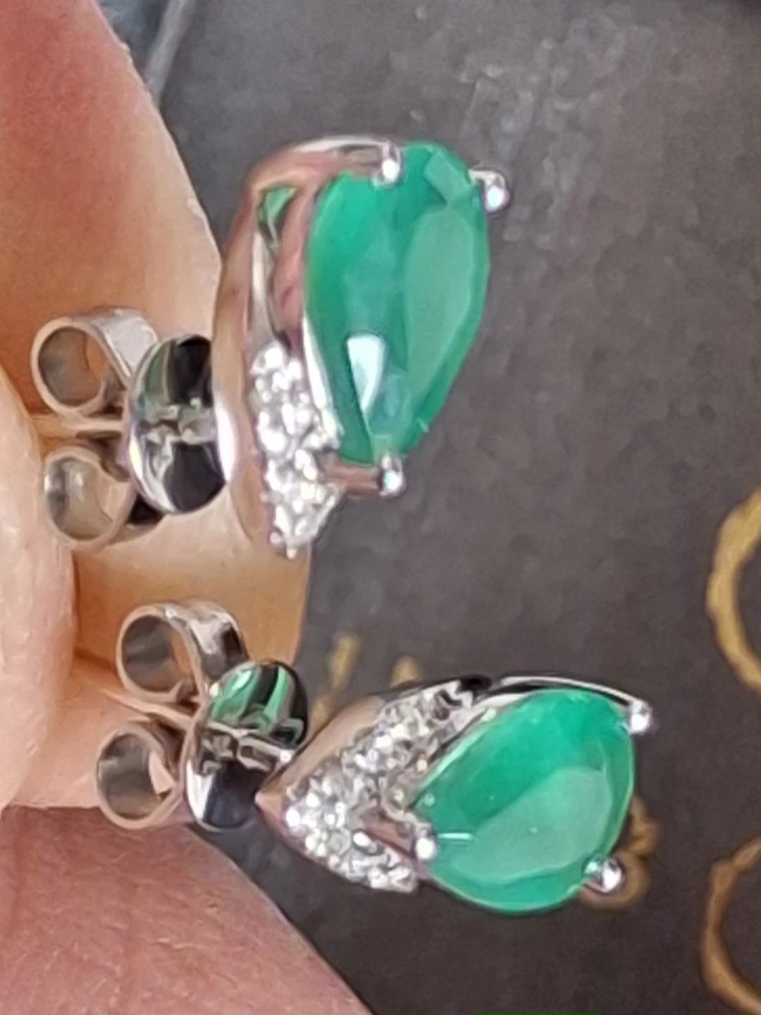 Green Pear Shape Gemstone Stud Earrings with CZ