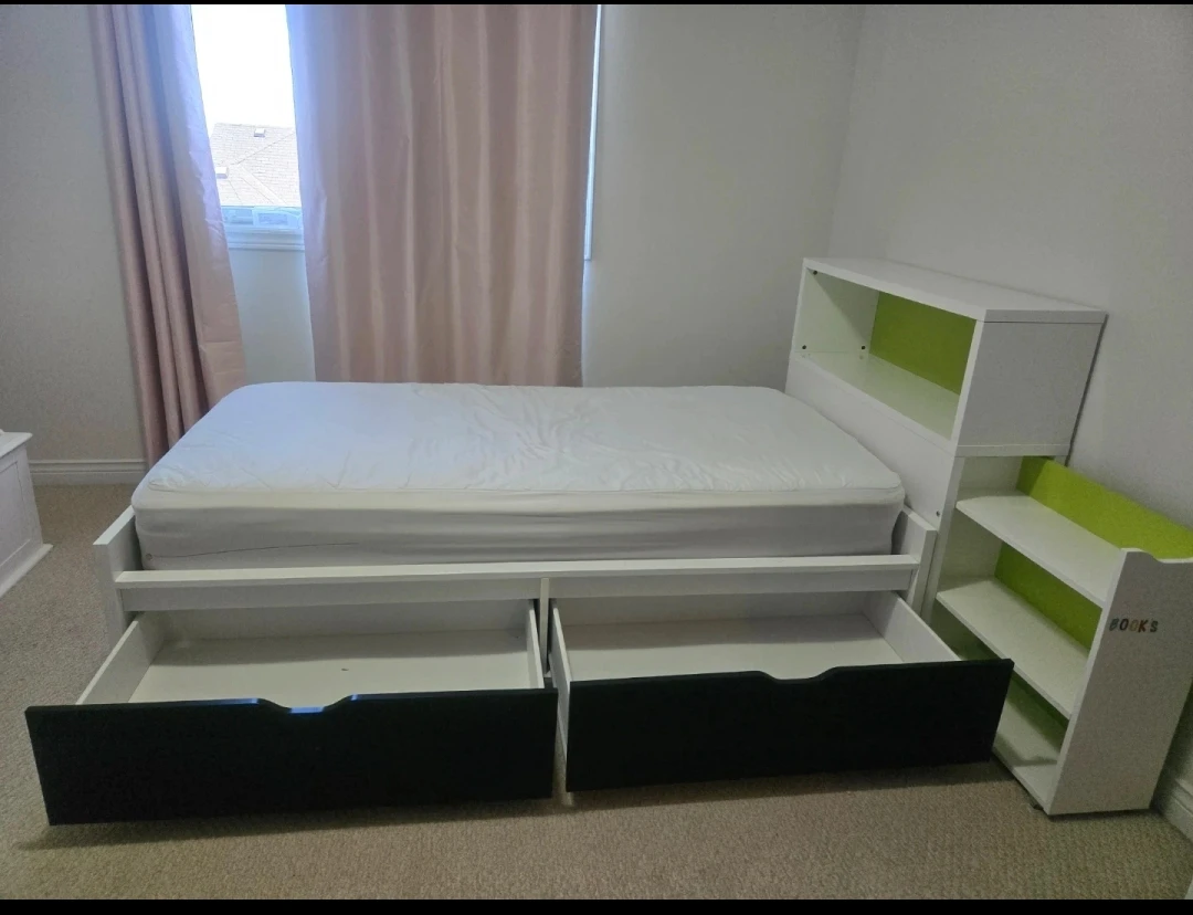 White Twin Bed with Storage Headboard and Drawers
