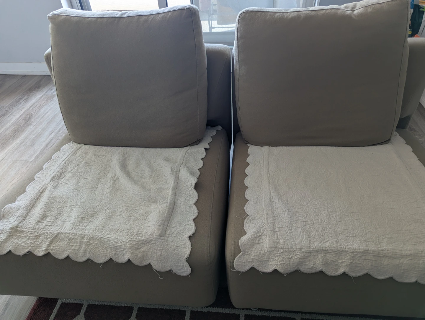 Two Beige Sofa Armrest Covers with Scalloped Edges - photo 2
