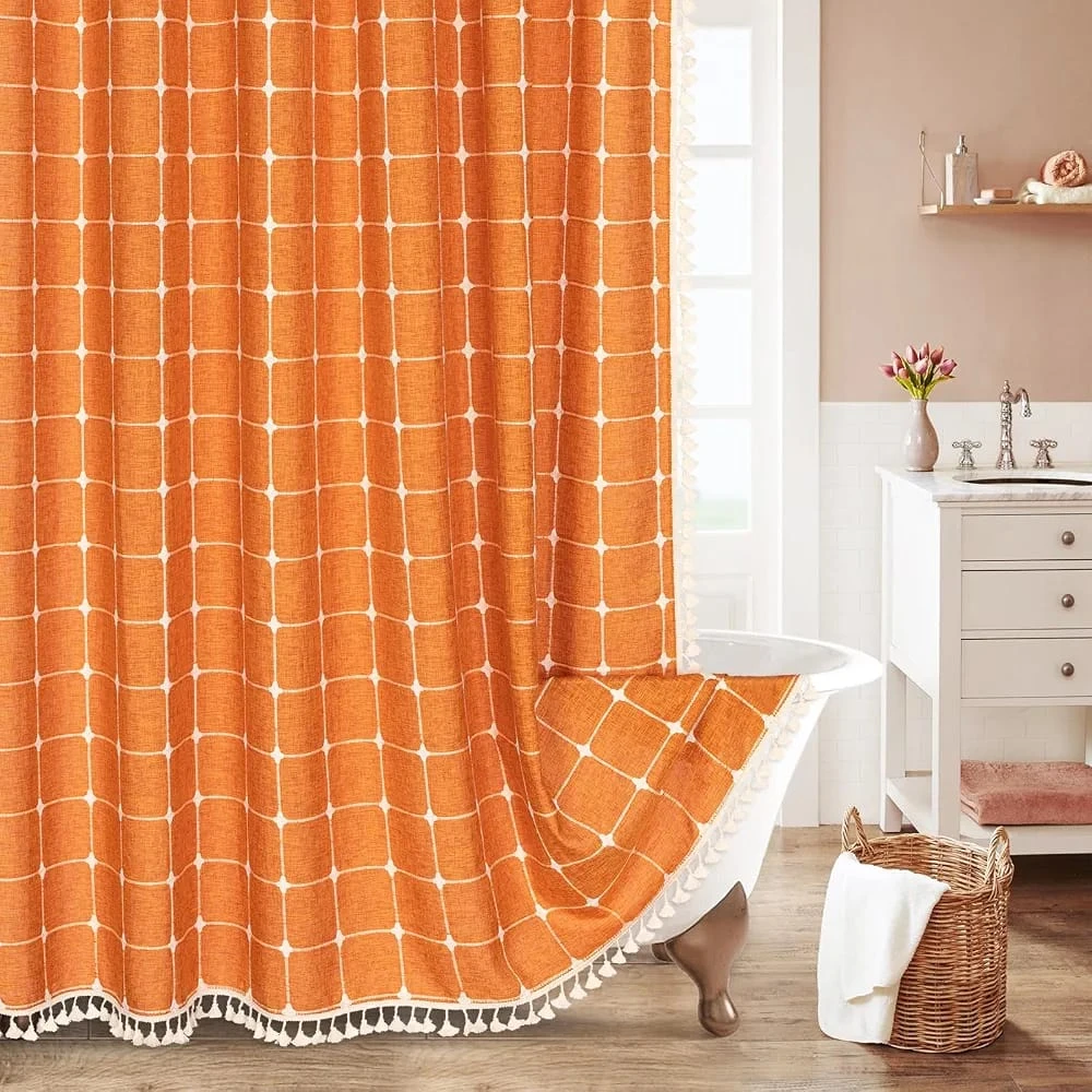 Orange Grid Pattern Shower Curtain with Tassels