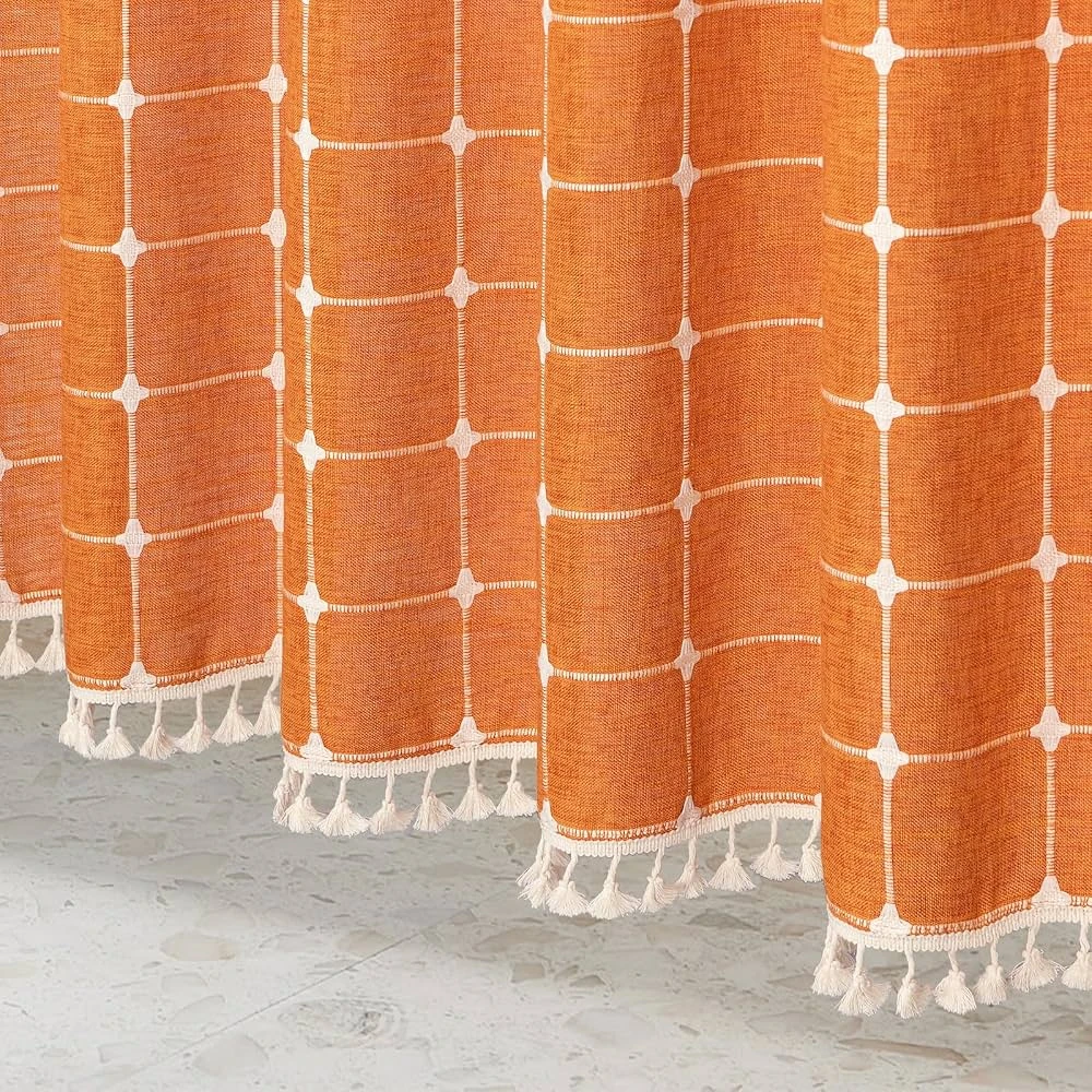 Orange Grid Pattern Shower Curtain with Tassels - photo 2